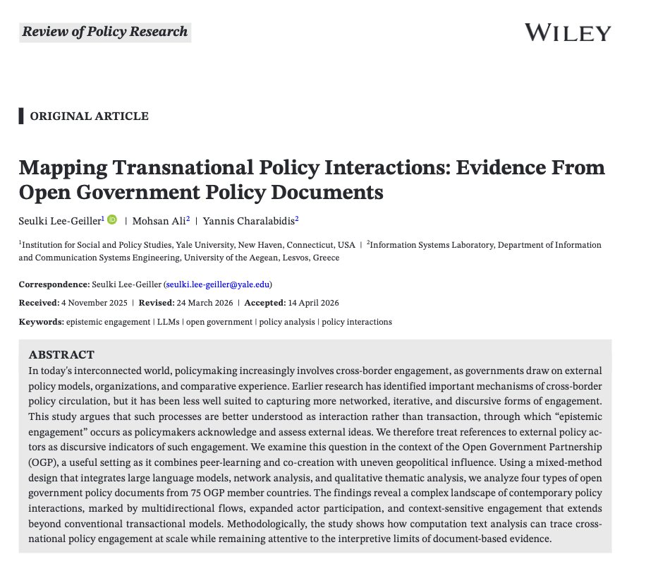 LeeGeiller's tweet photo. New in @RPR_Journal! How do governments engage with transnational policy ideas? Our multi-method cross-country analysis reveals multidirectional flows, regional clustering &amp; the central role of international orgs. Many thanks to @Mohsan_ali1 @yannisc!

▶️https://t.co/Mvj7zLTbHB https://t.co/b3Yslwr9hR