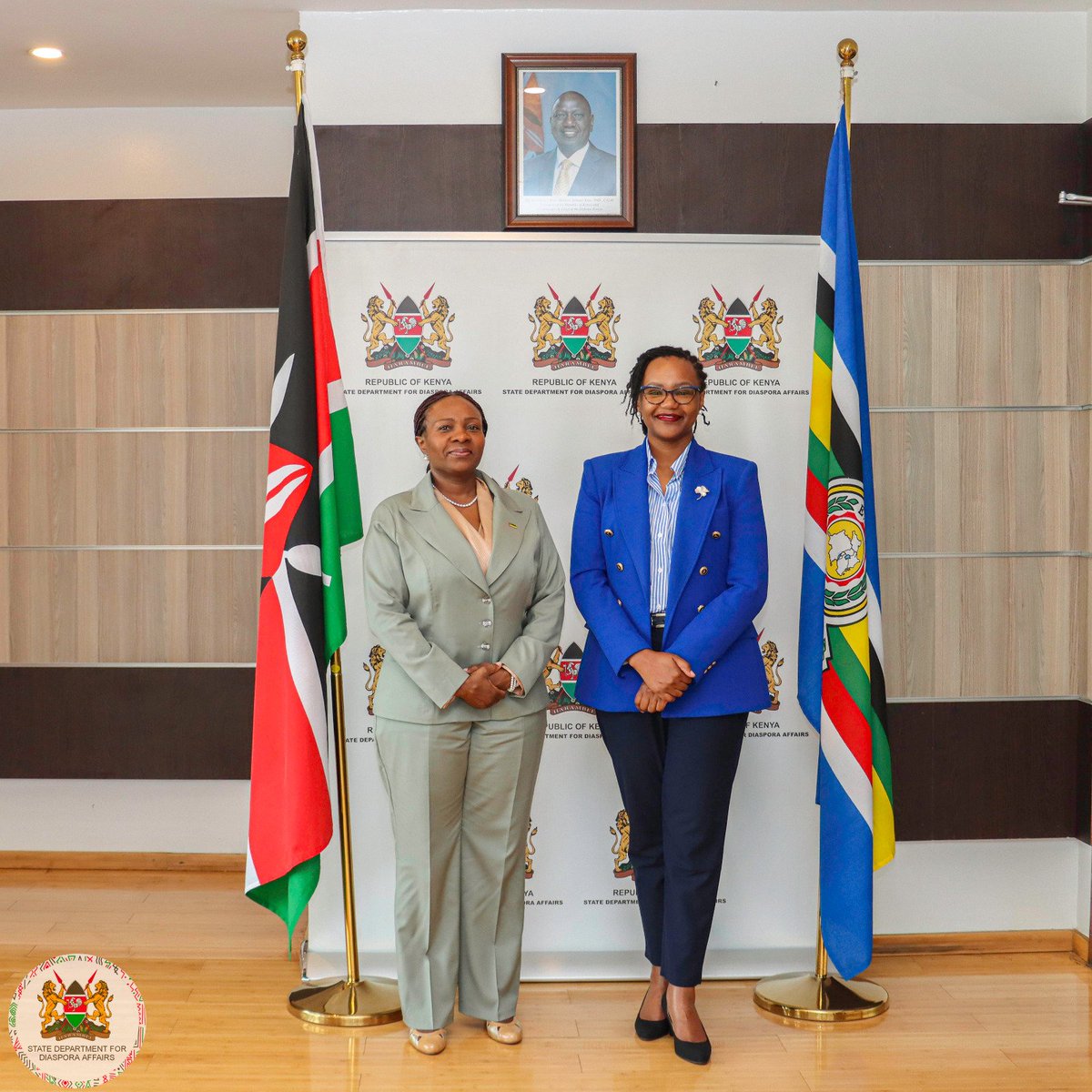 Diaspora_KE's tweet photo. Diaspora Affairs PS, Ms. @roselinenjogu, today met H.E. Maria de Fátima Simão Manso, State Secretary for Foreign and Diaspora Affairs of the Republic of Mozambique.

The two leaders discussed establishing a framework for enhanced cooperation in diaspora management, sharing of experience, established knowledge programs, and institutional systems.

The meeting also addressed the welfare of respective diaspora communities in Kenya and Mozambique especially provision of consular services..

H.E. Maria Manso is in Kenya to attend the Africa Forward Summit hosted by Kenya and France. She was accompanied by H.E. Ambassador Jerónimo Rosa João Chivavi, High Commissioner of Mozambique to Kenya. 

PS Njogu was joined by Ambassador Philip Githiora, Kenya's High Commissioner to Mozambique- @KHCMaputo, and Mr. Glenns Etyang,  Ag.-Director in the Office of the Principal Secretary.
