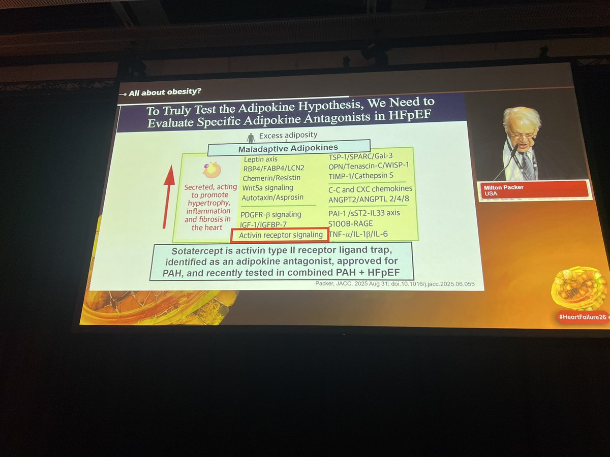 drbennisahmed's tweet photo. “Fascinating translational perspective from Milton Packer on obesity-related HFpEF:

If maladaptive adipokines drive myocardial hypertrophy, inflammation, and fibrosis, then directly targeting adipokine signaling may become a future therapeutic strategy.

The talk highlighted activin receptor signaling as one potential pathway — with sotatercept (already approved in PAH) emerging as a possible adipokine antagonist under investigation in combined PAH + HFpEF.

This is where HFpEF research is heading:
from hemodynamics alone → toward inflammation, metabolism, and adipose tissue biology. 🫀

The overlap between obesity, pulmonary vascular disease, and HFpEF continues to grow more biologically compelling.

#HFpEF #HeartFailure #Obesity #PulmonaryHypertension #Sotatercept #CardioMetabolic #Cardiology”
#HeartFailure26