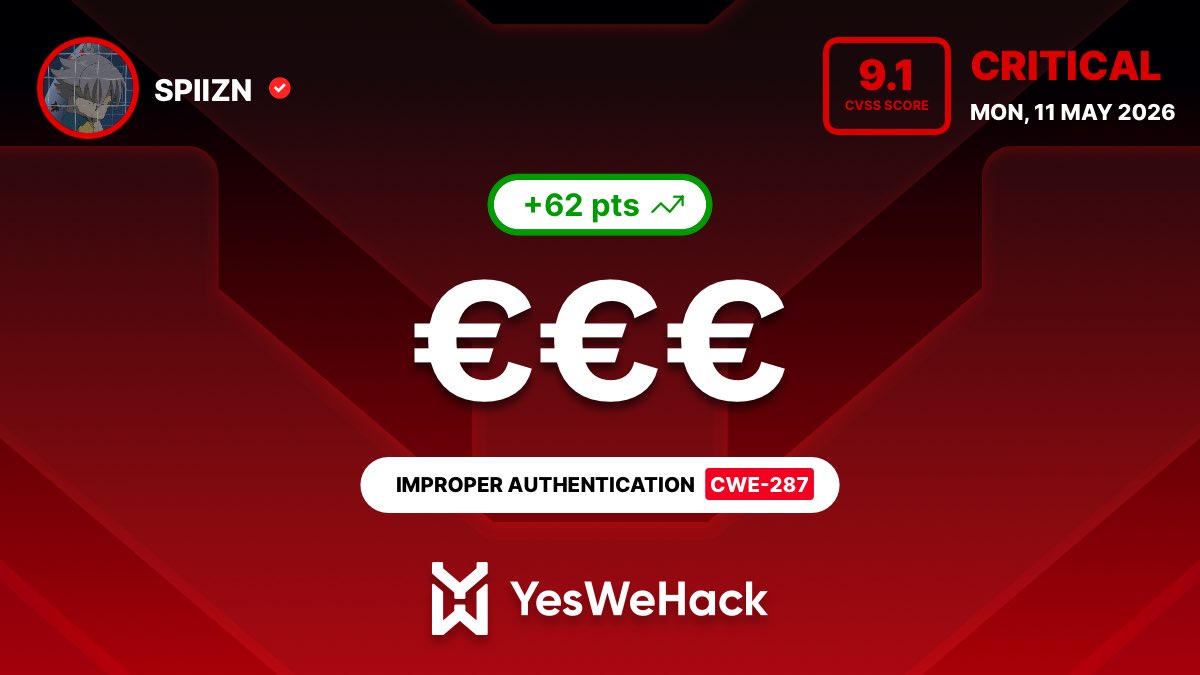 SpiizN's tweet photo. Just got a reward for a critical vulnerability submitted on @yeswehack -- Improper Authentication - Generic (CWE-287).  #YesWeRHackers https://t.co/OEc5OFks48