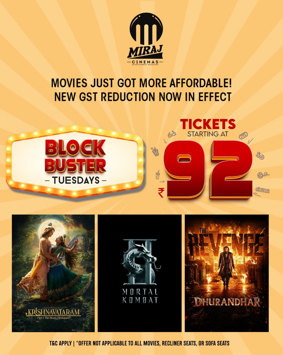 MirajCinemas's tweet photo. The bigger the screen, the better the experience. 🎬✨
Make your Tuesdays a blockbuster with special movie prices at Miraj Cinemas.
.
Booking link: https://t.co/niVUo6MXPv
.
.
#BlockbusterTuesday #MirajCinemas #MovieTime #CinemaVibes #BigScreenExperience https://t.co/IWe7KStq4T