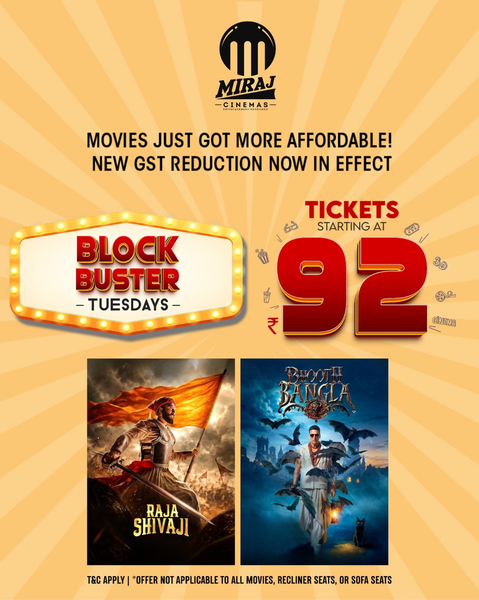 MirajCinemas's tweet photo. The bigger the screen, the better the experience. 🎬✨
Make your Tuesdays a blockbuster with special movie prices at Miraj Cinemas.
.
Booking link: https://t.co/niVUo6MXPv
.
.
#BlockbusterTuesday #MirajCinemas #MovieTime #CinemaVibes #BigScreenExperience https://t.co/IWe7KStq4T