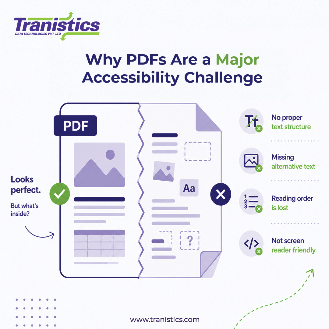 Tranistics's tweet photo. “Why PDFs are a Major Accessibility Challenge”

Most PDFs fail basic accessibility requirements, from broken reading order to missing alt text.

The worst part?
They appear perfectly fine.

Accessibility isn’t about appearance.
It’s about how it works for every user. https://t.co/lkT2TF2hCj