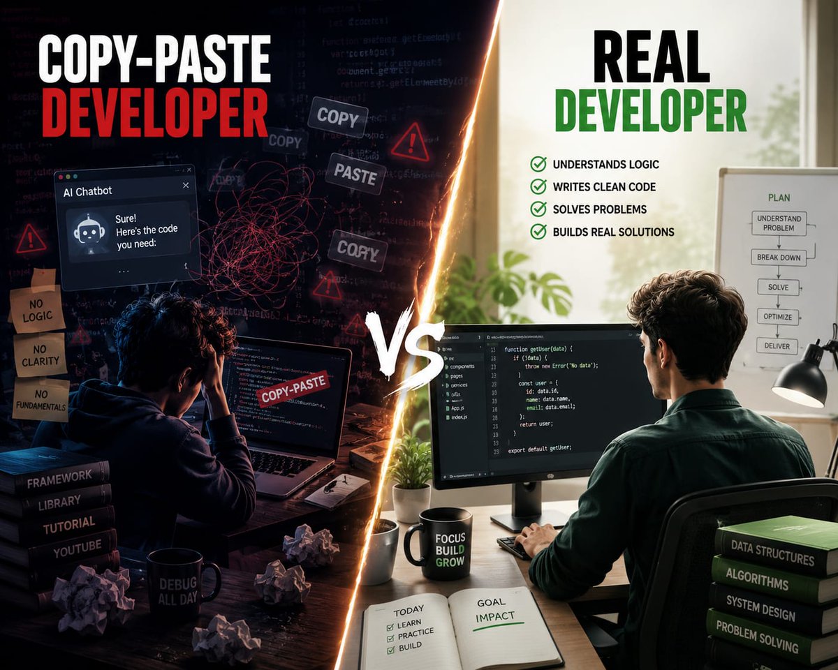 rafideveloper7's tweet photo. Most junior developers are not failing.

They’re copy-pasting their future away.

AI is a tool, not a replacement for fundamentals.

Fancy UI means nothing if you can’t debug or rebuild your own project without AI.

Real developers use AI to move faster.

#WebDevelopment  #AI https://t.co/5zFB8aoTRX