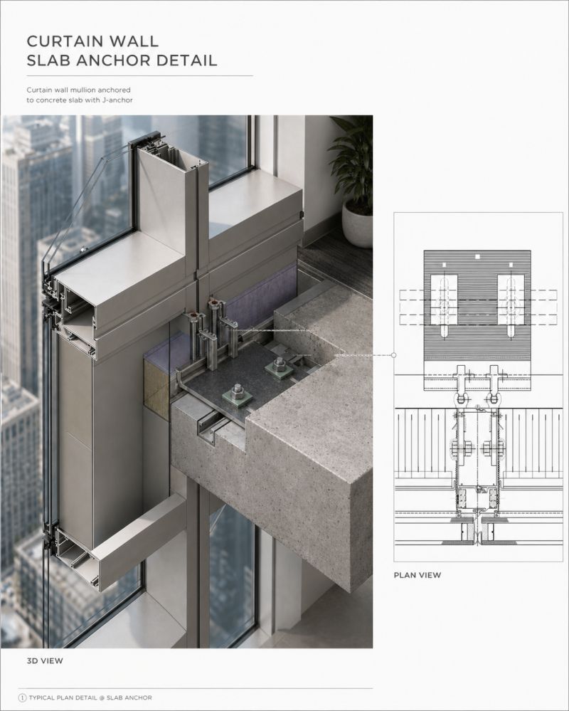 FacadeBoss's tweet photo. In unitized and stick-built curtain wall systems, the slab anchor assembly is one of the primary structural interface components between the façade and the building structure. 
#FaçadeEngineering #CurtainWall #BuildingEnvelope #FacadeDetail #StructuralGlazing #FacadeDesign https://t.co/KQ8pd2KiHU