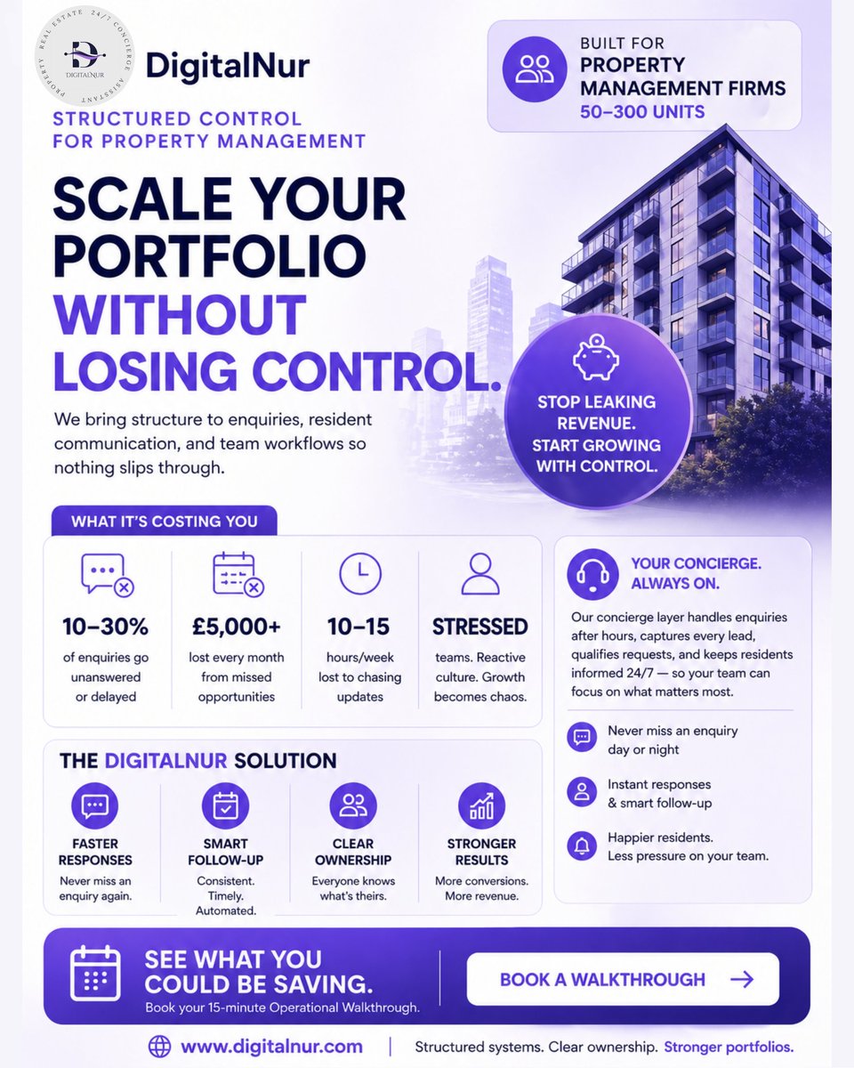 DigitalNurOps's tweet photo. Every delayed reply costs more than most firms realise.

An enquiry goes cold.
A viewing never gets booked.
A resident chases twice.

It adds up quietly.

We help property management stay organised as portfolios grow. https://t.co/zCPWW0rpr3 

#PropertyManagement #businessgrowth https://t.co/36uHFWodBl