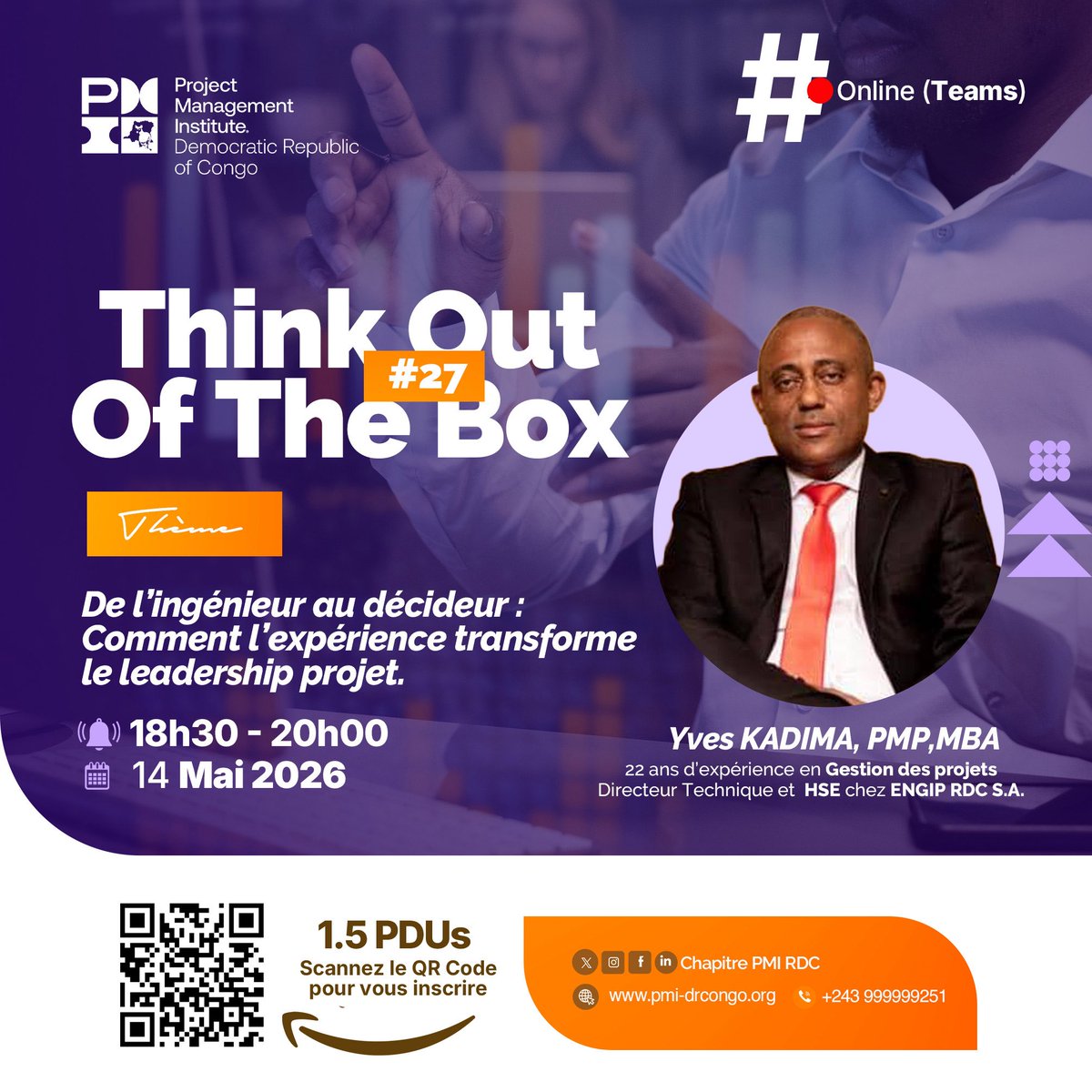 pmidrc's tweet photo. Think Out Of The Box #27

Le passage de l’ingénierie au rôle de décideur ne s’improvise pas. C’est une transformation qui demande de changer de perspective et d’affiner son leadership.

Pour en parler, nous recevons Yves KADIMA, PMP, MBA, ce jeudi 14 mai. Avec 22 ans de parcours au compteur, il partagera avec nous son retour d’expérience sur ce qui transforme réellement un gestionnaire technique en un leader projet influent.

Pourquoi nous rejoindre ?

Au-delà de la théorie, on va parler de réalité terrain et de vision stratégique. C'est l'occasion de confronter vos pratiques et de poser vos questions à un expert qui connaît les défis de notre secteur.

Rendez-vous ce jeudi 14 mai

🕒 18h30 – 20h00
💻 En ligne via Teams
🎓 1.5 PDUs pour votre certification
🔗 Enregistrez-vous ici : https://t.co/lhgbjANNuc

#PMIDRC #Leadership #GestionDeProjet #Expertise #PMIElengi