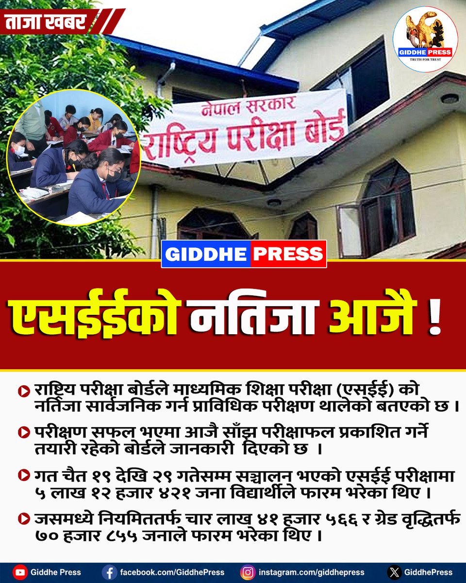 GiddhepressHD's tweet photo. एसईईको नतिजा आजै !
 #SEEResult #seeupdate #giddhepress #NewsUpdate https://t.co/axY8DsZgNS