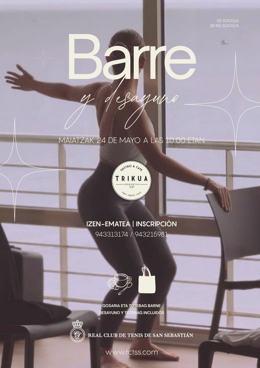 RCTSS's tweet photo. Pilates Barre en Donostia con desayuno y regalo. Sesión especial el 24 de mayo https://t.co/KwyYf5LqYL https://t.co/K2BNciLo5I