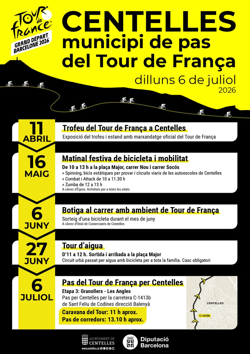 aj_centelles's tweet photo. Centelles comença a escalfar motors pel pas del Tour de França el proper 6 de Juliol! 🚴‍♀️💛
Aquest dissabte 16 de maig, el centre del poble s'omplirà d’activitats, bicicletes i ambient festiu per a totes les edats! https://t.co/7bLz5y4LLR