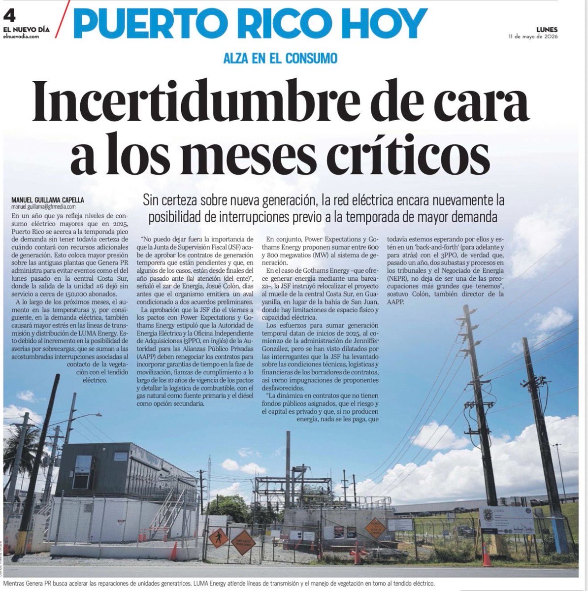 luisraultriunfo's tweet photo. Evalúe Usted:

Cuatro compañías privadas y el pueblo sigue sufriendo apagones 

Por Luis Raúl Torres Cruz 
Lunes, 11 de mayo de 2026

El reportaje publicado por El Nuevo Día retrata quizás sin proponérselo, una de las realidades más frustrantes y dolorosas que vive hoy Puerto Rico. Después de la privatización fragmentada de nuestro sistema eléctrico, el país sigue atrapado en la misma incertidumbre, los mismos apagones y el mismo temor colectivo cada vez que llega el calor intenso o una vaguada.

Lo más indignante es que ahora el sistema no está bajo una sola estructura pública con problemas administrativos. No. Ahora está dividido entre cuatro compañías privadas con contratos millonarios, asesores, consultores, subcontratistas y estructuras corporativas complejas. LUMA Energy controla transmisión y distribución, Genera PR administra la generación, New Fortress Energy mantiene enorme influencia en el suplido de combustible y gas natural. Y el famoso 3PPO supuestamente existe para supervisar y evitar conflictos de intereses entre todos ellos. Sin embargo, el resultado para el ciudadano común sigue siendo exactamente el mismo o peor: apagones constantes, voltaje inestable, comercios afectados, pérdida de alimentos, daños a equipos y una factura eléctrica cada vez más cara.

Y aquí lo más grave y evidente que el reportaje presenta y que el pueblo lleva años denunciando: el sistema sigue llegando vulnerable a los meses críticos de mayor consumo de energía eléctrica. Es decir, después de miles de millones en contratos, aumentos tarifarios, promesas de modernización y discursos políticos, todavía Puerto Rico entra al verano “cruzando los dedos 🤞”. Eso no es transformación energética. Eso es improvisación permanente.

El ciudadano común debe entender algo sencillo, un sistema eléctrico funciona como una cadena donde todas las partes dependen unas de otras. No importa cuánta generación exista si fallan las líneas de transmisión. No importa que LUMA diga que poda árboles si las plantas generatrices salen de servicio. No importa que Genera prometa megavatios temporeros si el combustible, las subestaciones o las líneas no responden. Y cuando el sistema está dividido entre múltiples compañías privadas, cada una protege primero su contrato, sus ganancias y sus responsabilidades legales antes que asumir responsabilidad total por el servicio.

Ahí está precisamente el gran fracaso del modelo actual, nadie responde completamente por el desastre porque las responsabilidades están fragmentadas. Unos culpan a la generación. Otros a la transmisión. Otros a la vegetación. Otros a FEMA. Otros a la Junta Fiscal. Mientras tanto, el pueblo sigue pagando la factura económica y emocional de vivir en un país donde se fue la luz y ya nadie se sorprende.

El reportaje también revela algo alarmante, todavía dependen de generación temporera y contratos de emergencia para evitar un colapso mayor durante el verano. Eso significa que luego de años de privatización, el sistema aún no tiene suficiente estabilidad estructural para garantizar confiabilidad energética real. En otras palabras, seguimos sobreviviendo con “parchos”. Y un país no puede desarrollarse económicamente dependiendo de parchos eléctricos.

Lo más triste es el efecto humano de esta crisis. La gente vive agotada mentalmente. Hay envejecientes sufriendo calor extremo sin equipos médicos funcionando adecuadamente. Hay madres preocupadas porque se dañan los alimentos que compraron con sacrificio. Hay pequeños comerciantes perdiendo dinero. Hay estudiantes tratando de estudiar sin electricidad. Hay personas desarrollando ansiedad cada vez que llueve o sube la temperatura porque automáticamente piensan que “ahora viene otro apagón”.

#EvalúeUsted🤔
#LaVozdelaRazón🗣️
#CuandoElServicioEléctricoSeVuelveUnNegocio💰 

(Continúa en el post adjunto).