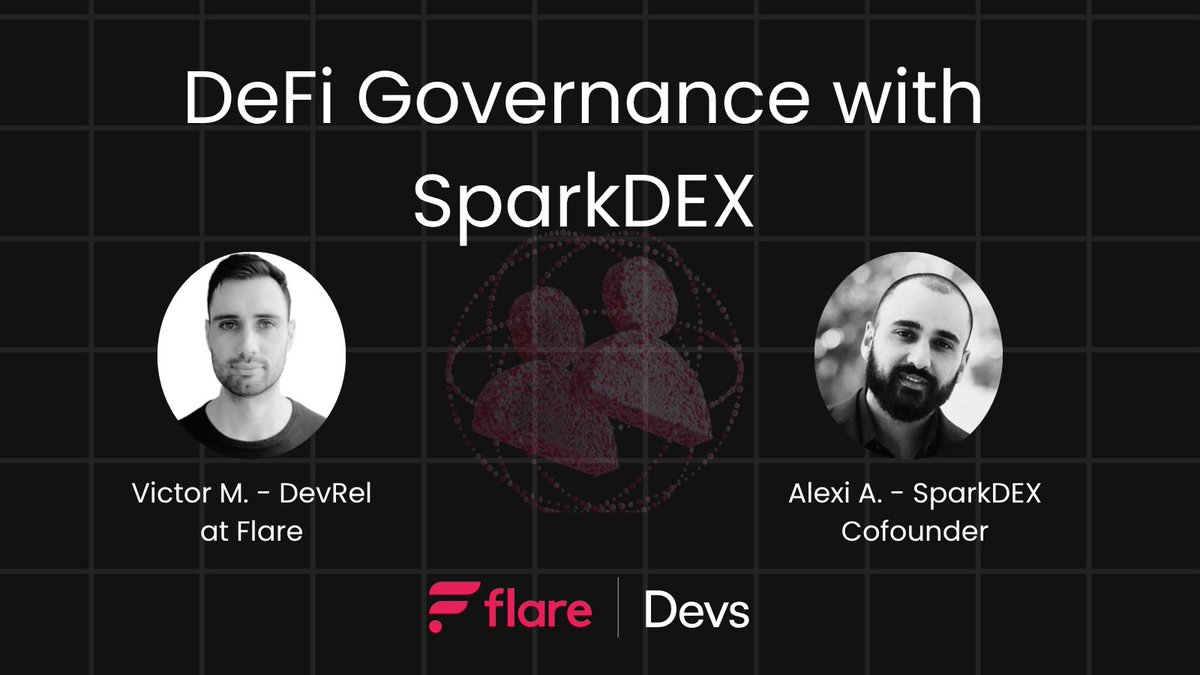 FlareDevHub's tweet photo. DeFi Governance with SparkDEX 🗳️

Join us for an upcoming livestream with @0xQuantic and @AlexiAtlas, Co-founder of SparkDEX, to explore how governance works in DeFi and why it matters for protocols, and long-term ecosystem growth.

We’ll discuss governance design, community participation, and how @SparkDexAI is approaching this on Flare.

Set your reminder and join us live this Wednesday!
https://t.co/anW7BvMwo7