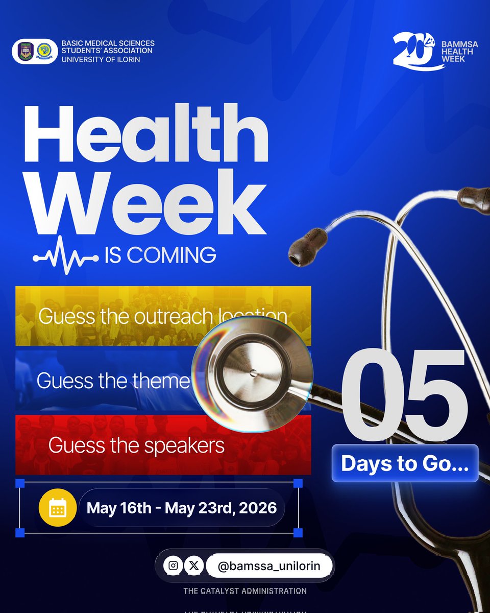 bamssa_unilorin's tweet photo. BAMSSA HEALTH WEEK IS ALMOST HERE🔥
5 days… We’re getting close⏳
Aren't you getting excited something big is closing in?📌
Stay tuned; BAMSSA Health Week 2026 is coming to bring something different and unexpected 💛
🗓️ May 16th – 23rd
#BAMSSAHealthWeek #Countdown https://t.co/hpcurAD0ku