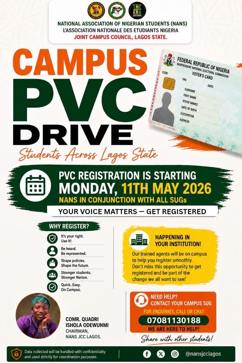 NANSJCCLAGOS_RT's tweet photo. 📢 Campus PVC Drive! NANS JCC Lagos urges students to register for PVC/CVR. Your voice matters, your vote counts. Contact your campus SUG rep for support. 🇳🇬 #CampusPVCDrive #YourVoiceYourPower #NANSJCCLagos @ineclagos https://t.co/acLYLHYbQ3