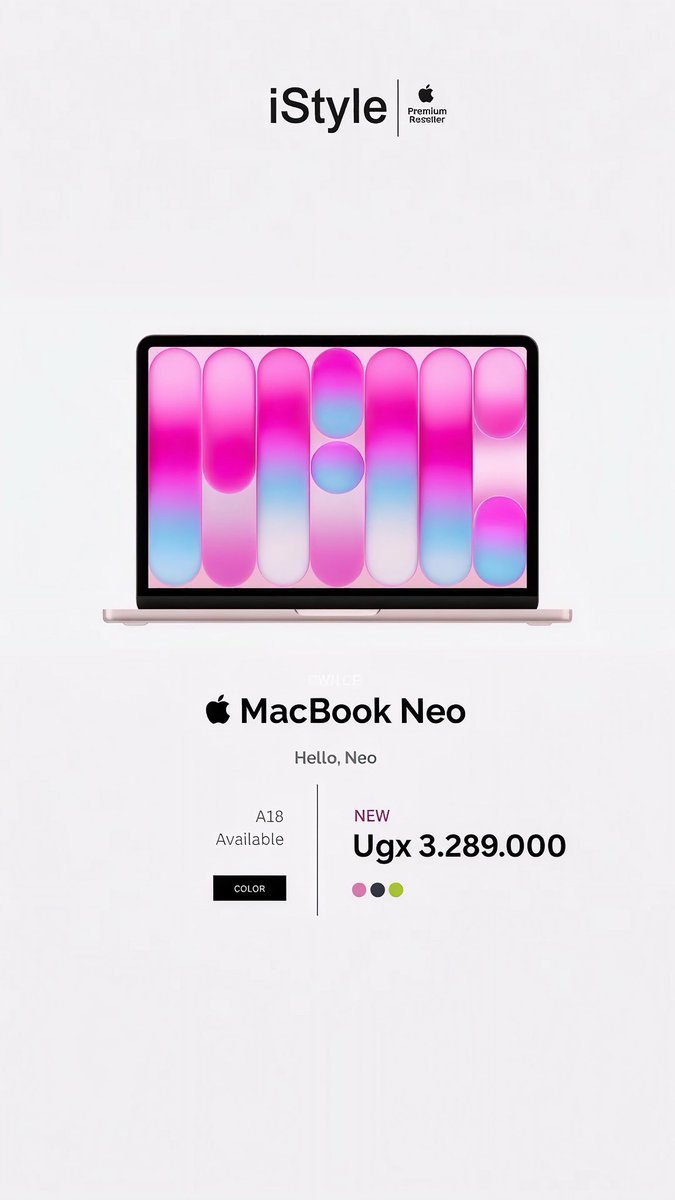iStylekampala's tweet photo. The MacBook Neo delivers seamless integration with other Apple devices, boosts productivity through macOS and Apple Intelligence, and offers strong long-term value. 

It is a smart, reliable choice for professionals and users who value performance.

Shop Mac, only from iStyle! https://t.co/5OLQcGrjHr