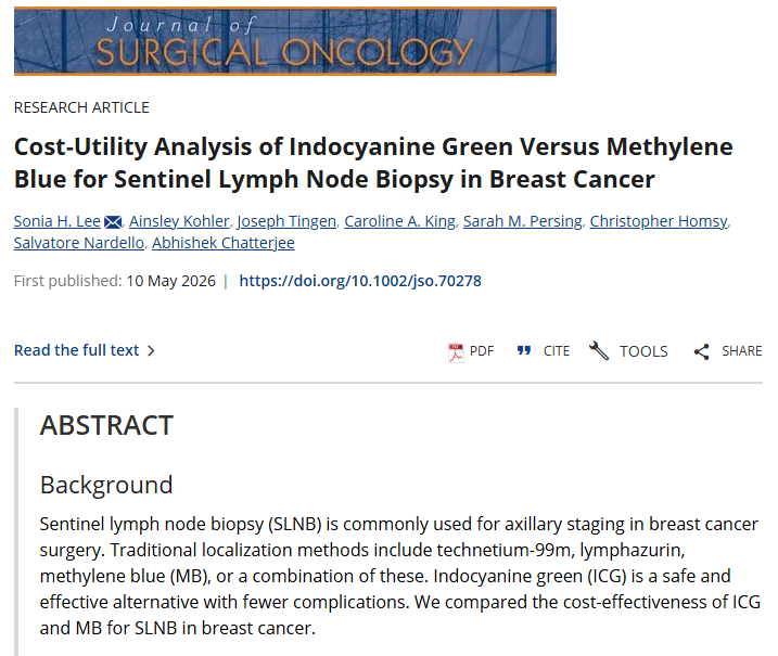 Chatterjeeonco1's tweet photo. Very proud of this published article by our team demonstrating the cost-effectiveness of #ICG compared to methylene blue when used for #sentinellymphnode biopsy for breast cancer surgery https://t.co/34d8ey7b8J