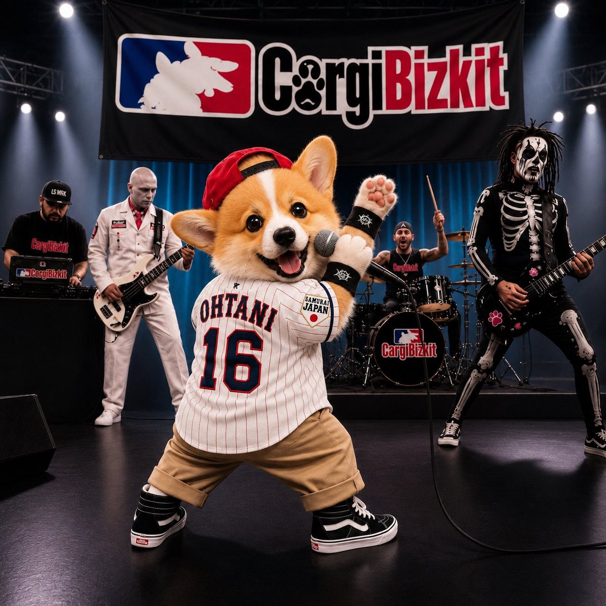 aume72's tweet photo. Fred gets Ohtani.  
Mochio too. 🎤🐶⚾️  
#LimpBizkit #FredDurst #ShoheiOhtani #Ohtani #Corgi #CorgiBizkit #もちお https://t.co/Qvy2MujYCR