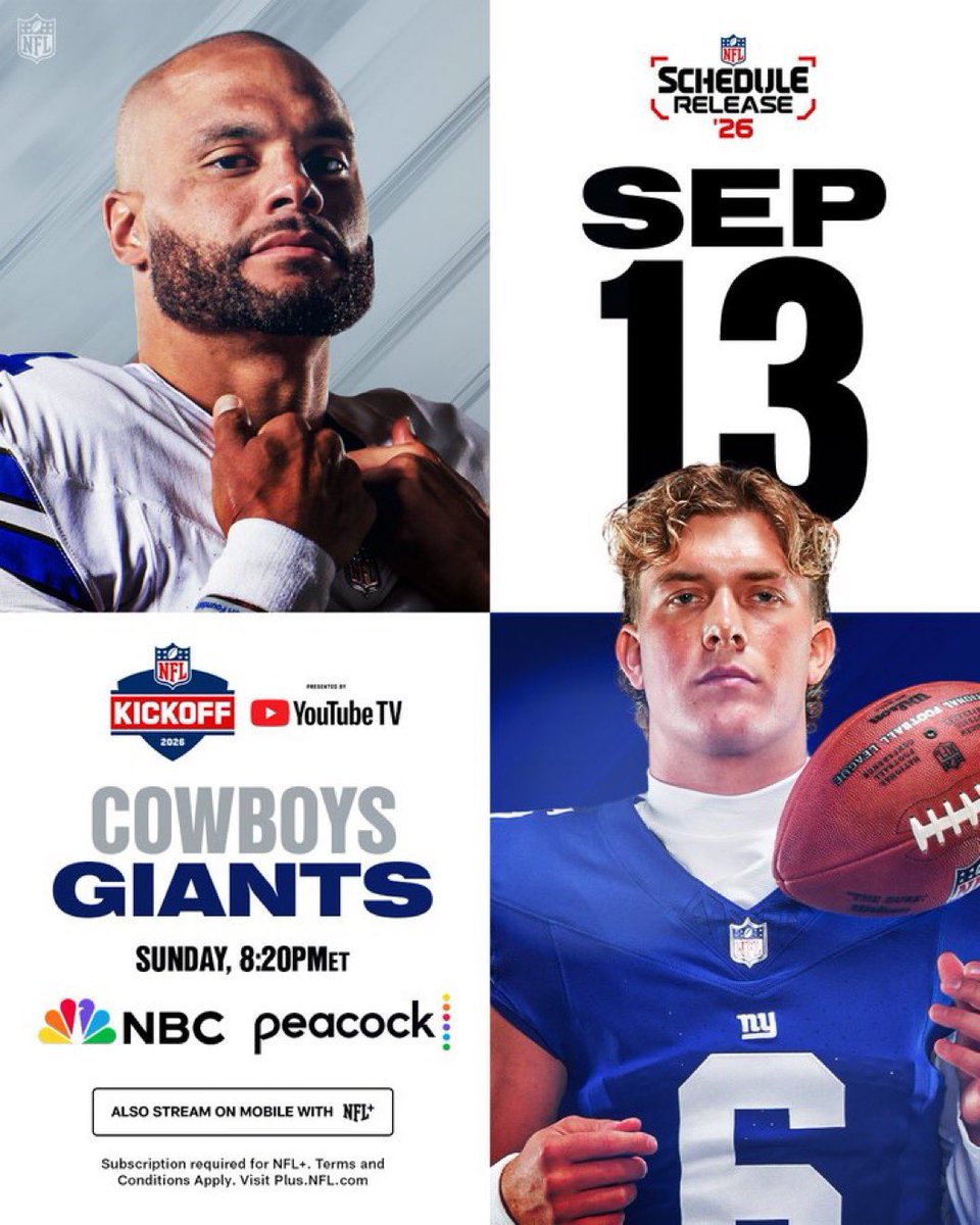 Just announced: The #Cowboys will take on the #Giants on Sunday Night Football in Week 1.