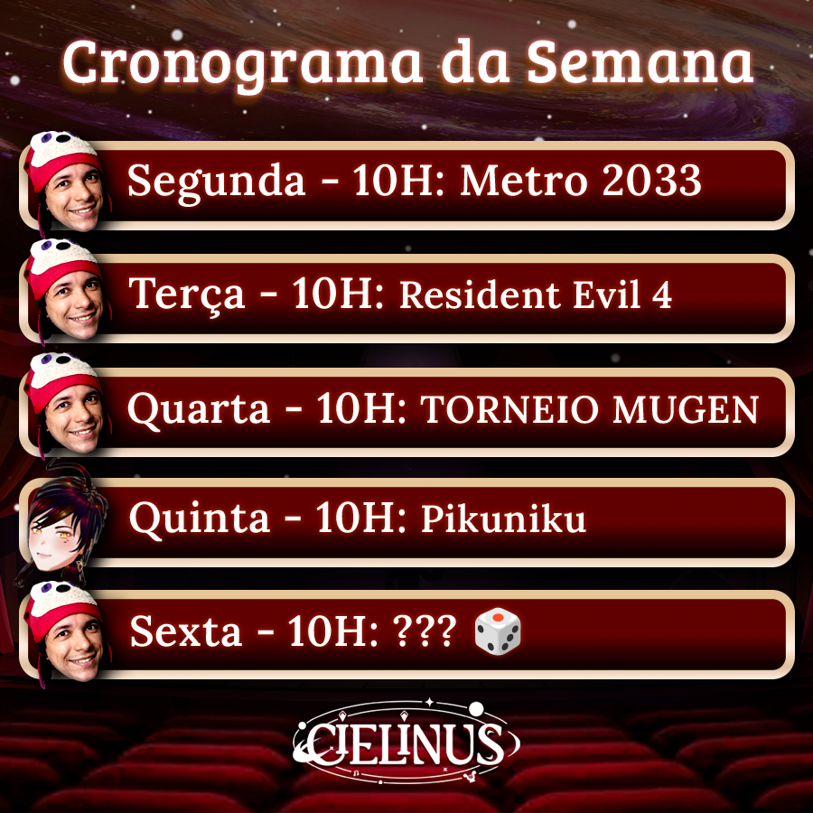 Cielinus's tweet photo. CRONOGRAMA DA SEMANA DE 11 à 15 de Maio! Vamos simbora! ♥♥

Sexta tem roleta e um novo jogo vai surgir! RUFEM OS TAMBORES! 🥁

PS: Cronograma sujeito à alterações durante a semana. Um beijo! ♥ https://t.co/wMBVgLxV38