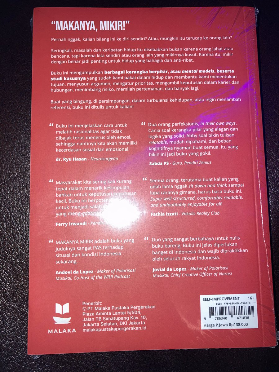 chezzytart's tweet photo. wts buku makanya, mikir by abigail limuria 
sealed ori
125k (harga asli 138k) bisa co sopi 

tag: makanya mikir ; abigail limuria ; cania citta https://t.co/1MvRTxnzTZ