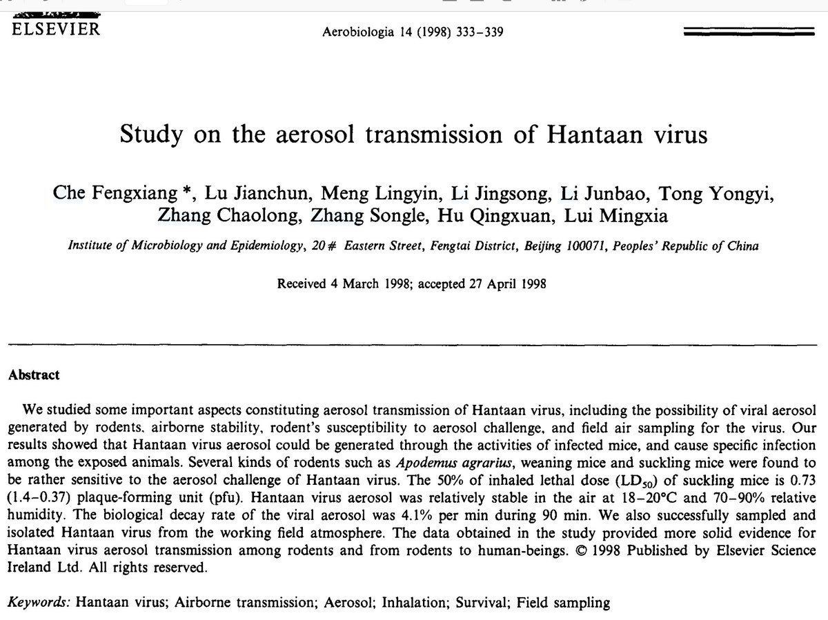ProfCharlesHaas's tweet photo. I fully agree that the quick dismissal of person to person transmission of #hantavirus is ill-founded. Have been reading a number of papers. This one (animal model) is particularly enlightening. #aerosols https://t.co/rFXXGPUReD