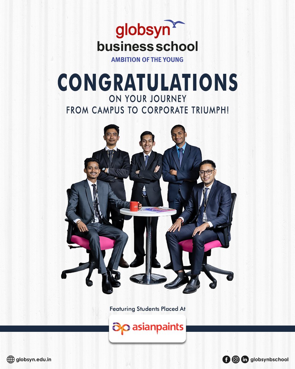 globsyn's tweet photo. Congratulations to Arijit Singha, Bishal Das, Hindol Chatterjee, Kamal Dev Sahoo, and Mallinath Mondal of Batch 2024-26 for getting recruited by Asian Paints 🎨 – an Indian multinational paint company, during Placement Season 2026.

#GBS https://t.co/vHOdaM4jwc