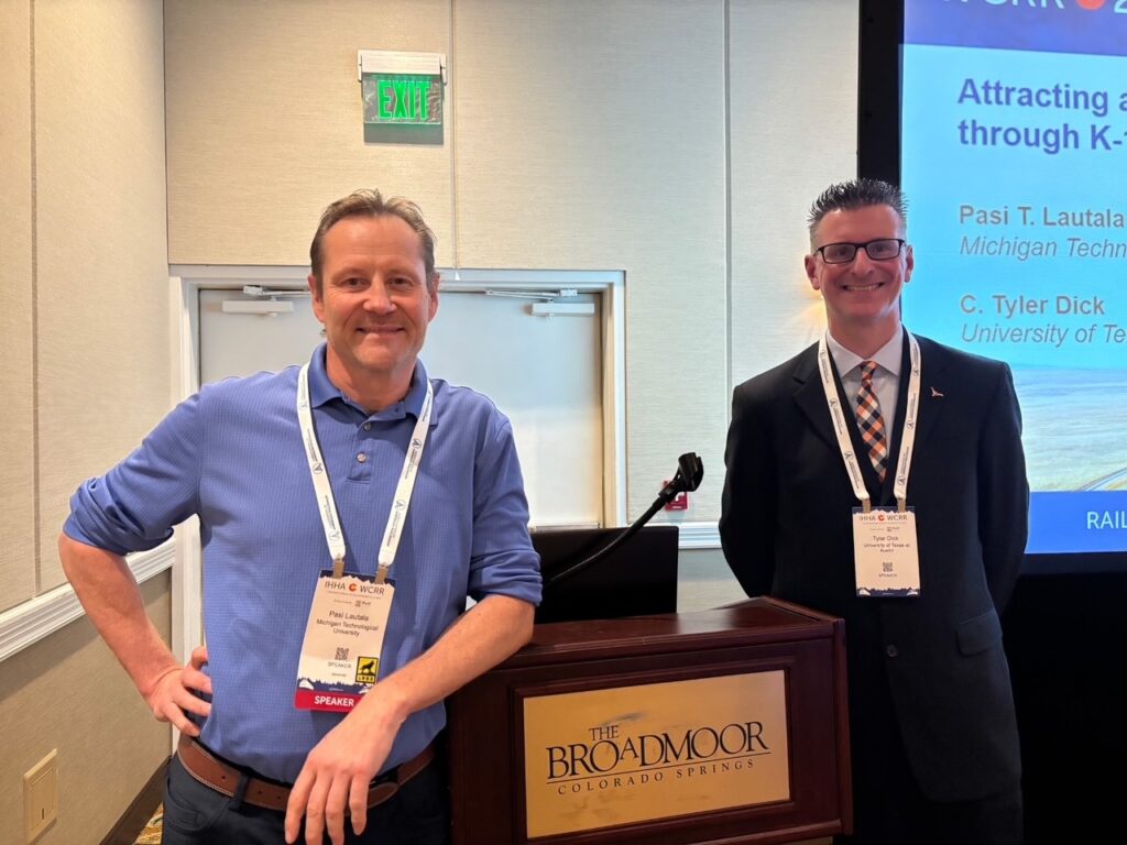 mtucege's tweet photo. Congrats to Dr. Pasi Lautala &amp; Dr. C. Tyler Dick on receiving the Best Paper Award at WCRR! 

Their paper on attracting the next generation of railroaders through K-12 outreach was recognized in the “Inspiring the Future of Rail Transport” category.
#MichiganTech #RailResearch https://t.co/8IVGNC1U0o
