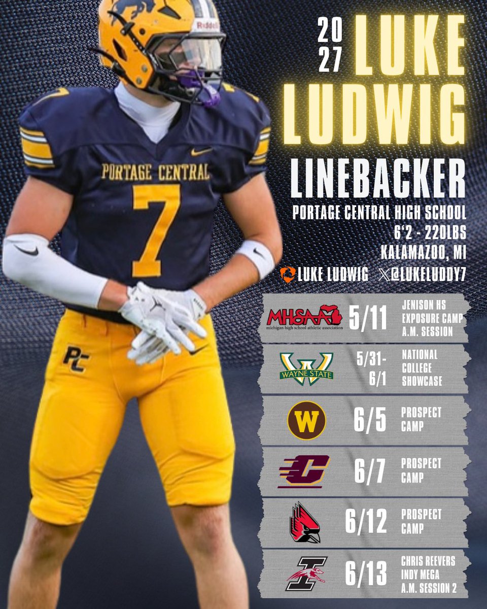 LukeLuddy7's tweet photo. Excited to compete! Summer 2026 camp schedule:
@mickenders @CoachHaas29 @AllenTrieu @TheD_Zone @MIexposure @MichFBFrenzy @PrepRedzone @PrepRedzoneMI @One11Recruiting @On3 @Rivals @ChadSimmons_ @TrambleJoe @JoshStraughan1 https://t.co/fvrLjfIWEV