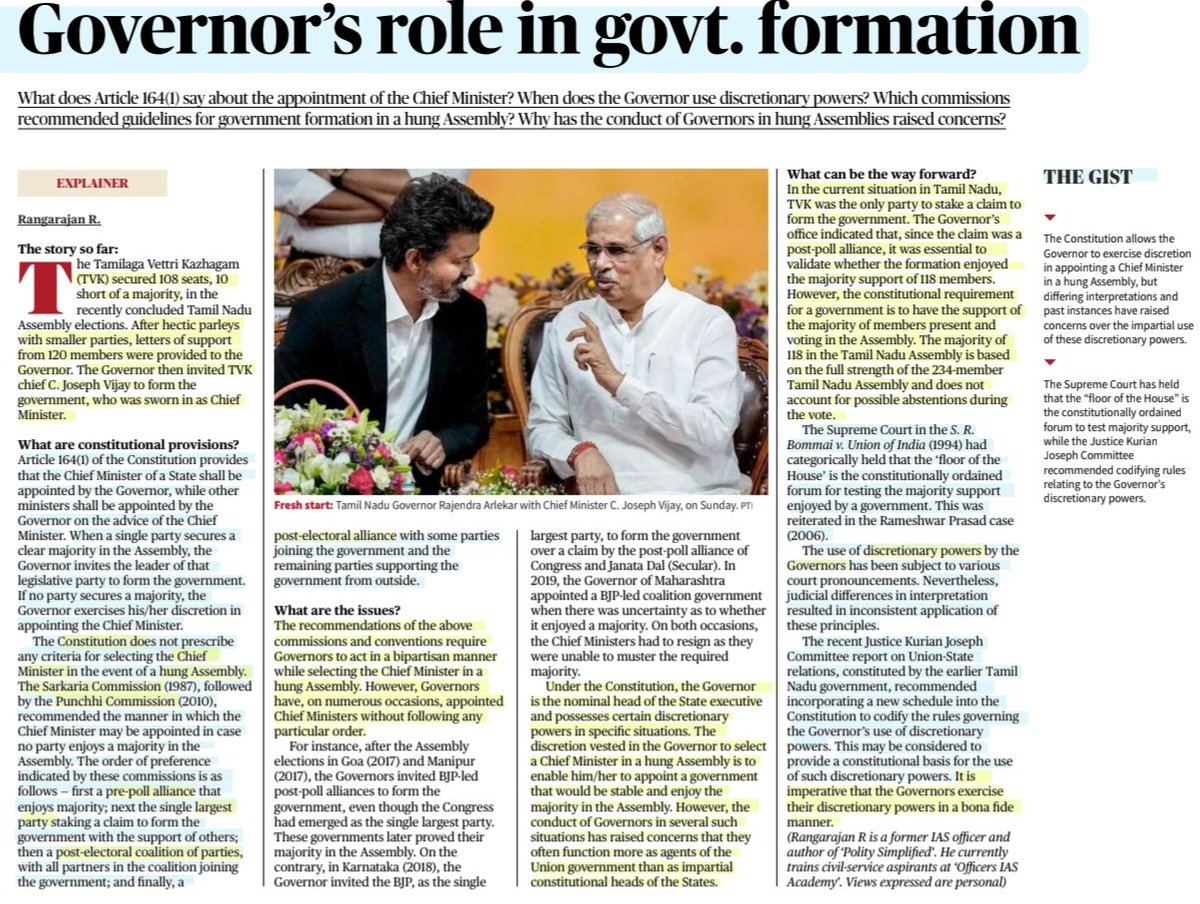 imRavikantYadav's tweet photo. Governor's role in Govt. formation
:An informative article by Rangarajan R Sir
#HungAssembly #Governor #ChiefMinister
#Constitución
#Article164 #Conventions #SarkariaCommission
#PrePollAlliance #MinorityGovt #PostPollAlliance
#SupremeCourt
#GovernorArlekar
#UPSC https://t.co/aQYeCoJCz3
