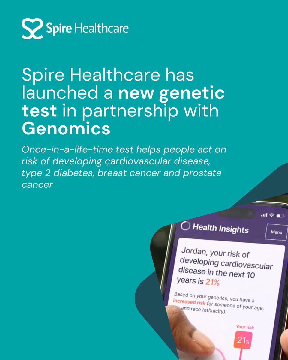 spirehealthcare's tweet photo. In partnership with Genomics, Spire Healthcare have launched a new test to predict an individual's genetic risk of developing cardiovascular disease, type 2 diabetes, breast cancer and prostate cancer with a simple saliva sample. Read more here ➡️ https://t.co/M7NQeIESV8 https://t.co/IIbegaJqPm