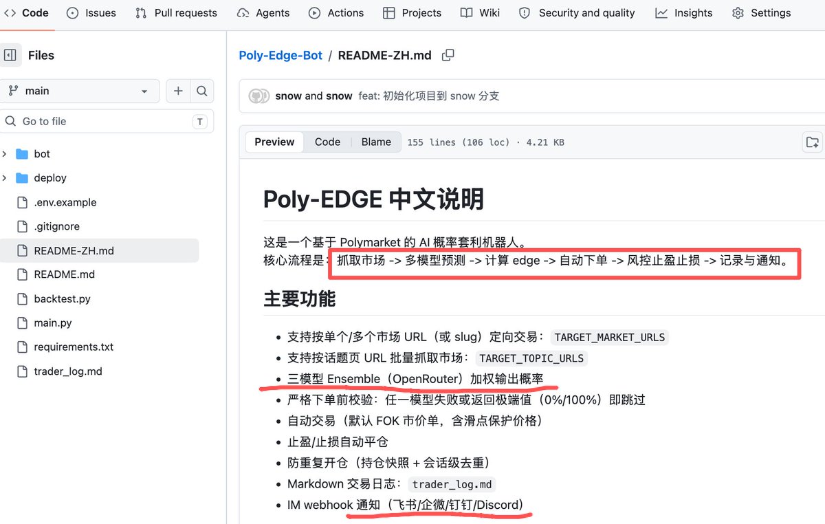 oxkimi's tweet photo. 🚀 兄弟们，我刚开源了AI预测交易机器人：Poly-Edge-Bot！

专门玩 #Polymarket，用3个AI模型预测概率，找出有Edge的市场就自动下单，还带止盈止损和风控。
支持单个市场狙击，也能批量扫话题页，实时推送通知，模拟模式也能跑。

项目地址：https://t.co/FY5EOw7Rhg
可Star、Fork玩玩～ 一起AI交易 https://t.co/QOnRA6itFN