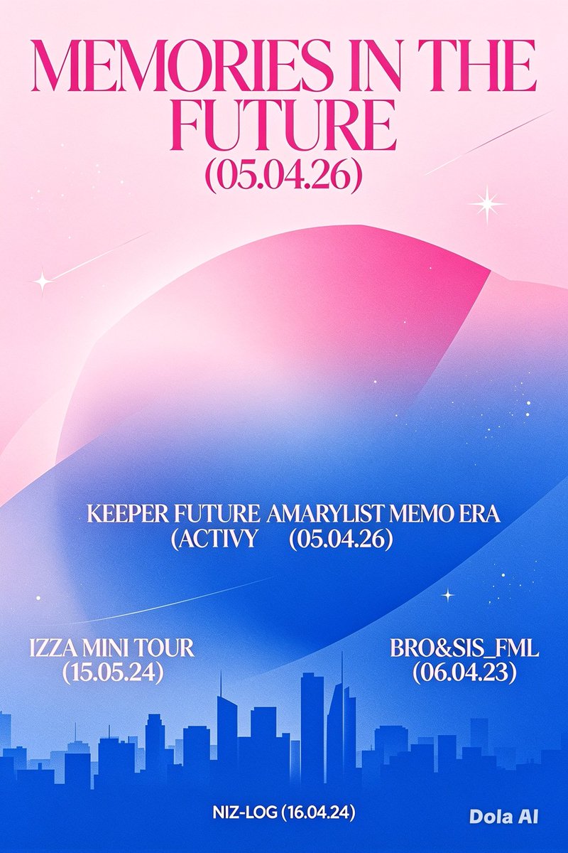 izana1254's tweet photo. MEMORIES IN THE FUTURE ( 05.04.26 )
KEEPER FUTURE ACTIVY ( 05.04.26 )
AMARYLIST MEMO ERA ( 05.04.26 )
IZZA MINI TOUR ( 15.05.24 )
BRO&amp;SIS_FML ( 06.04.23 )
NIZ-LOG ( 16.04.24 ) https://t.co/9WbT4rRsUx