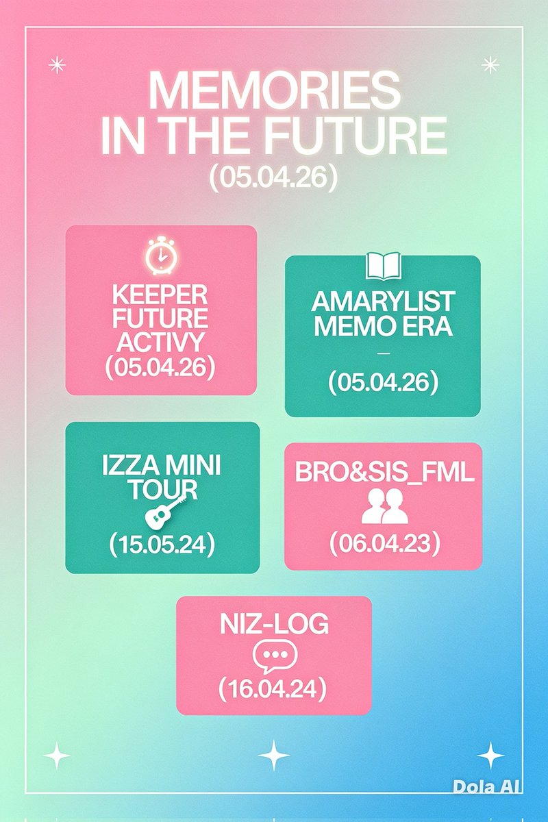izana1254's tweet photo. MEMORIES IN THE FUTURE ( 05.04.26 )
KEEPER FUTURE ACTIVY ( 05.04.26 )
AMARYLIST MEMO ERA ( 05.04.26 )
IZZA MINI TOUR ( 15.05.24 )
BRO&amp;SIS_FML ( 06.04.23 )
NIZ-LOG ( 16.04.24 ) https://t.co/9WbT4rRsUx