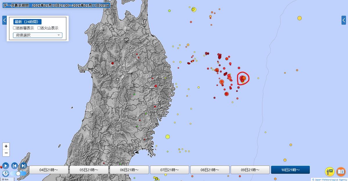 三陸沖付近の震央分布図
M4.8の地震が発生した付近ではやや活発。