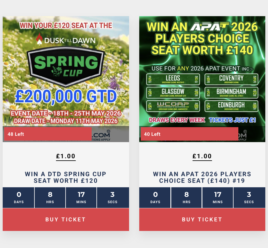 PokerRaffles's tweet photo. You'll need to be quick if you want in for either of tonight's draws for @DuskTillDawnUK and @apatpoker 

The remaining tickets will be gone long before the timers run out and we MUST pick two winners at 9pm.

Tickets are just £1 at https://t.co/1gQj8QzyVW

18+ Play Responsibly https://t.co/giZpXUFHdY