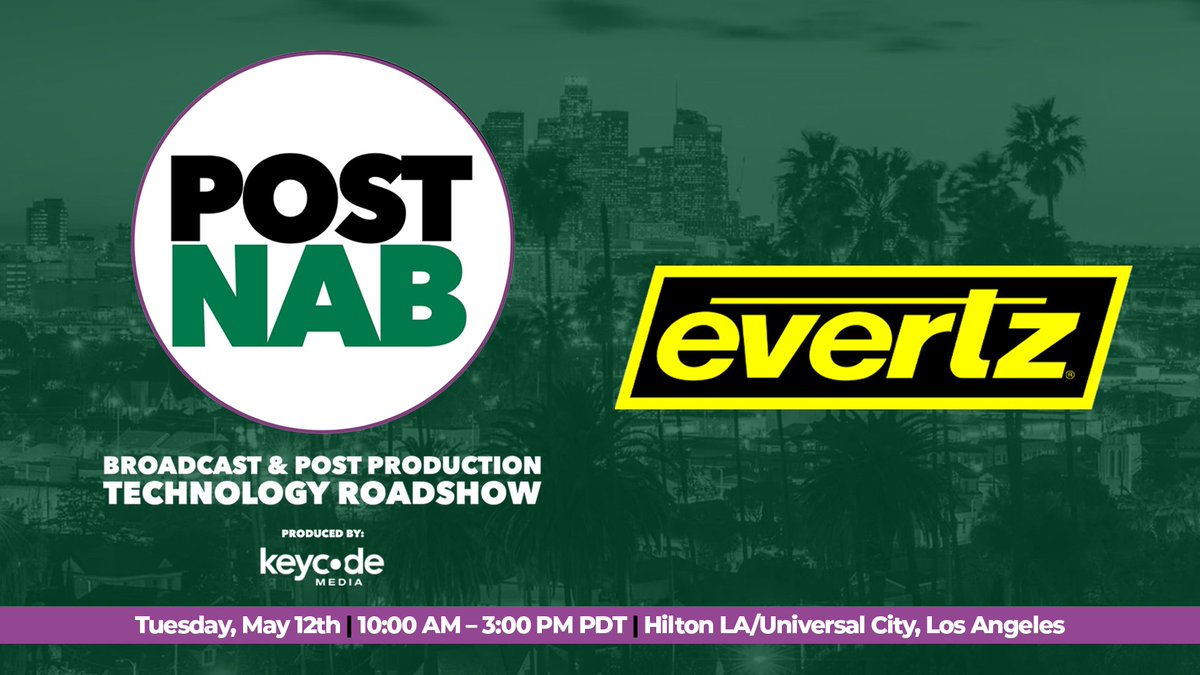 EvertzTV's tweet photo. SoCal, the wait is over! 🌴 The @KeyCodeMedia #PostNAB Roadshow hits #LA TOMORROW! 

Get an expert look at the tech &amp; trends fresh from #NAB2026. 🎥 

📍 Hilton LA/Universal City 
🗓️ Tuesday, May 12  
🕙 10AM–3PM PDT 
💬 Meet our team!

RSVP: https://t.co/TgjPvHrzZO https://t.co/Ek01cvXRVk