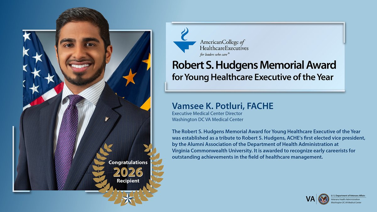 DCVAMC's tweet photo. Congratulations to DC VAMC Medical Center Director Vamsee Potluri, FACHE, for being the recipient of the 2026 Robert S. Hudgens Memorial Award for Young Healthcare Executives of the Year! https://t.co/pymOH0qsnt