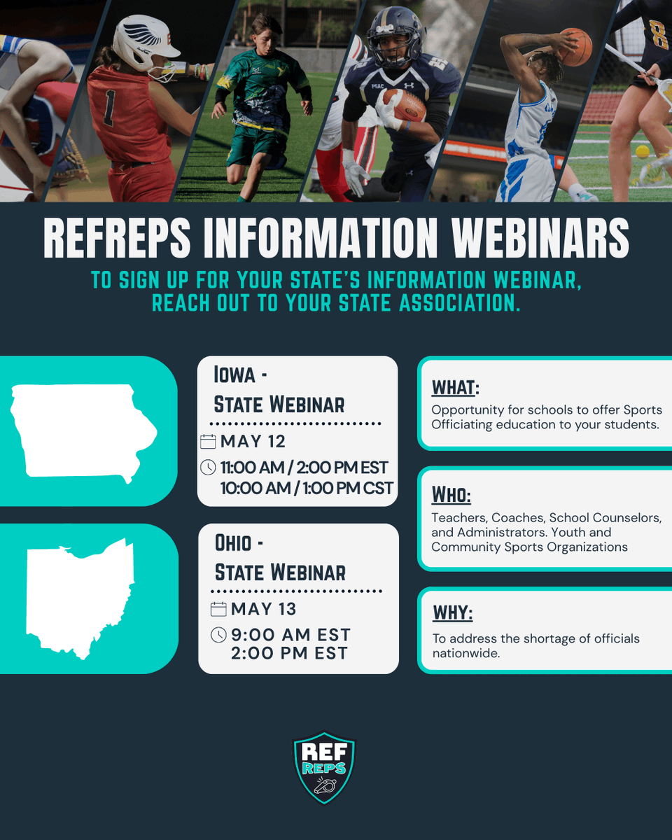 RefReps's tweet photo. Interested in offering Sports Officiating as a school-day elective? Register for this week’s informational webinars for your state to explore how to get started.

Reach out to your state association to learn how your school can get involved.
@IHSAA @OHSAASports

#webinar #RefReps https://t.co/LxtI0UMeJ4
