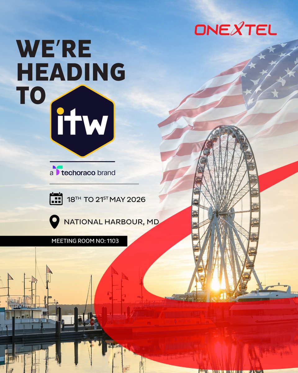 onextel_limited's tweet photo. OneXtel is heading to #ITW2026.

Excited to join global telecom &amp; connectivity leaders shaping the future of communication infrastructure.

📍 Meeting Room 1103
📅 National Harbour, MD | 18th–21st May

#Telecom #CPaaS #GlobalConnectivity https://t.co/nVB1VqM72t