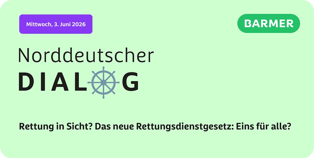 BARMER_SH's tweet photo. 🚑 Rettung in Sicht?
Das geplante neue Rettungsdienstgesetz in #SchleswigHolstein steht im Fokus: Wie wird der #Rettungsdienst zukunftsfest?
Beim Norddeutschen Dialog der BARMER diskutieren Politik, Wissenschaft &amp; Praxis.
📅 3.6.2026 | Güterbahnhof Kiel
🔗 https://t.co/w3E6ScLMBe https://t.co/vAZ3wQus14