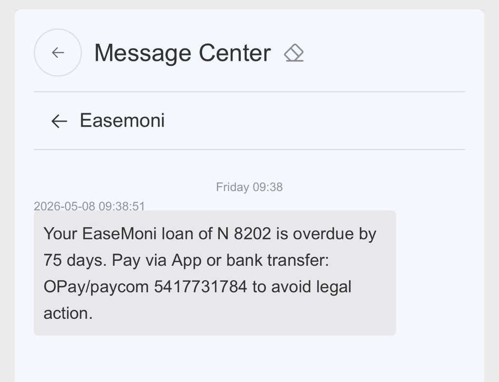 lad_steve's tweet photo. @instablog9ja @officialEFCC @PoliceNG @ndpcngr I recently bought an @AirtelNigeria router and received an overdue loan message from EaseMoni linked to the previous owner of this number. I know nothing about any activities tied to this number before now. Reporting this for future reference. 🙏 https://t.co/W2VAr2lAu9