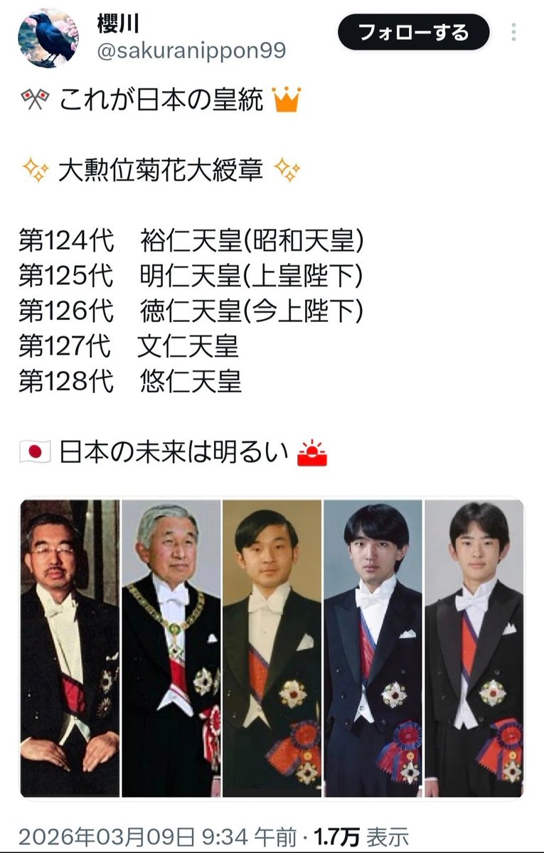 @atsukotamada 傍系継承は継体天皇、光仁天皇、桓武天皇、宇多天皇、村上天皇、三条天皇、白河天皇、後深草天皇、亀山天皇等 愛子様はお ...