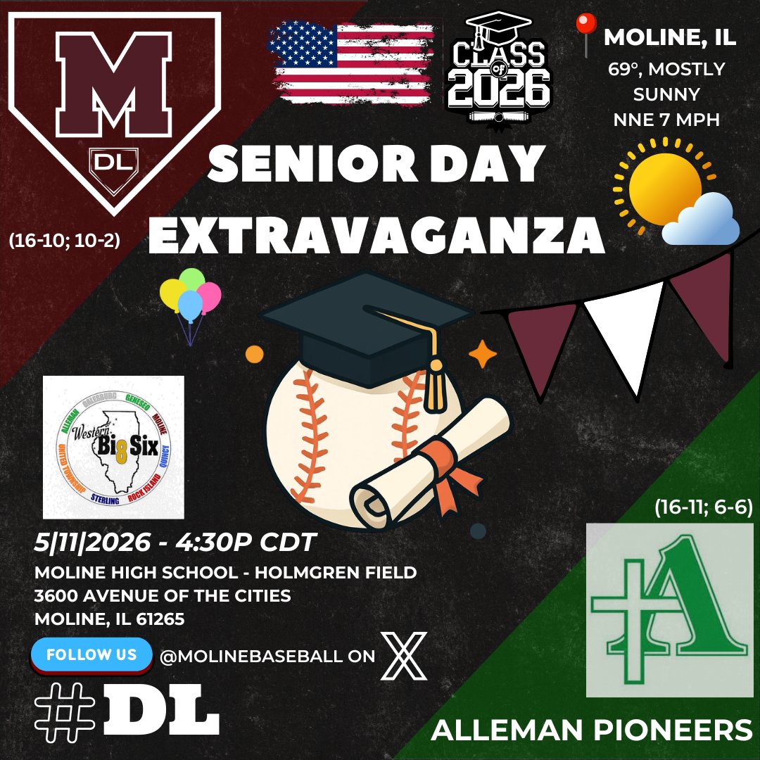 molinebaseball's tweet photo. It's a #Maroons GAME DAY! A #WB8 Monday as Alleman comes calling... A HUGE DAY as it is Senior Day Extravaganza @ Holmgren Field! Here are the particulars... #MondayBlues #DL https://t.co/IUFEF4AJGh