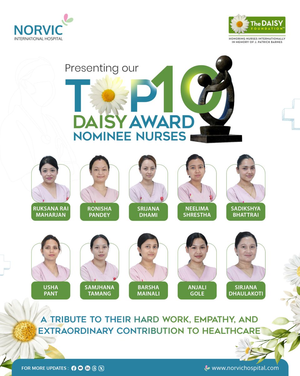 HospitalNorvic's tweet photo. roudly honoring our Top 10 DAISY Award Nominees 🌼
For going above and beyond in delivering compassionate and patient-centered care every single day.

#daisy #norviccares #top10 #winners #nursesday https://t.co/SgmjtT4zm5