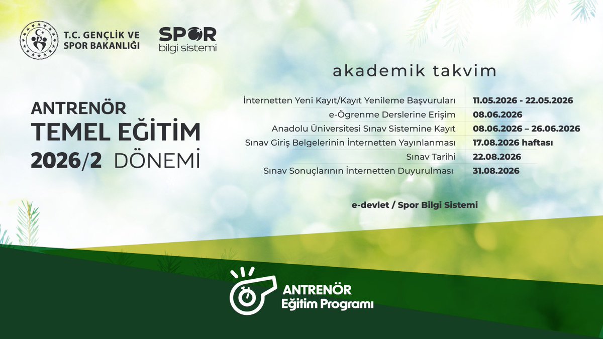 kaykayfed's tweet photo. 📣2026 yılının İkinci Antrenör Temel Eğitim Programı başvuruları bugün başlıyor!

Anadolu Üniversitesi Sürekli Eğitim Uygulama ve Araştırma Merkezi tarafından uzaktan eğitim modeli ile yürütülen eğitim programı başvuruları, 11-22 Mayıs 2026 tarihleri arasında e-Devlet Kapısı | GSB-Spor Bilgi Sistemi üzerinden gerçekleştirilecek.

🗓️Başvurusu onaylanan adayların, 8-26 Haziran 2026 tarihleri arasında Anadolu Üniversitesi Aday İşlemleri Sistemi’ne (https://t.co/5UHiXyHygb) giriş yaparak sınav kaydı oluşturmaları gerekiyor.

2026/2 dönemi Antrenör Temel Eğitim Programı’na ilişkin detaylara aşağıdaki link üzerinden ulaşmak mümkün.👇🏻
https://t.co/qYwze1uYEw