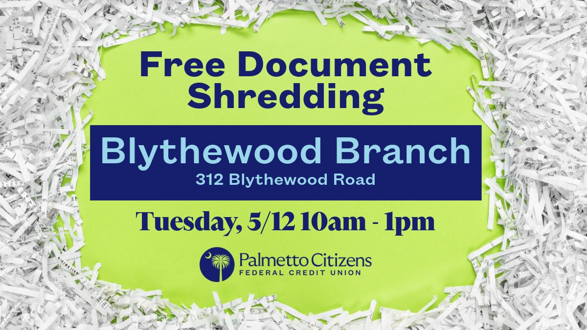 PCFCU's tweet photo. Free document shredding @ our Blythewood branch on Tues 5/12 from 10am-1pm. Limit 3 containers per vehicle. https://t.co/fT8gJw5m7d https://t.co/PTbTk8g6Nu