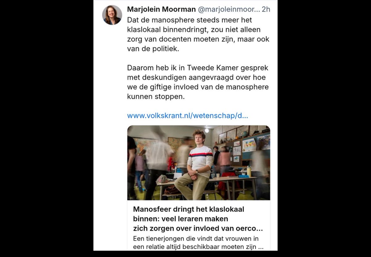 Tip voor <a href="/MarjoleinMoor/">Marjolein Moorman</a>: nodig een paar imams uit en leraren van islamitische scholen. Die kunnen alles duidelijk maken over de achterlijke 7e-eeuwse doctrine die de ‘manosfeer’ heeft uitgevonden. Het is de doctrine die al zo’n 60 jaar is geïnfiltreerd in onze scholen en in onze