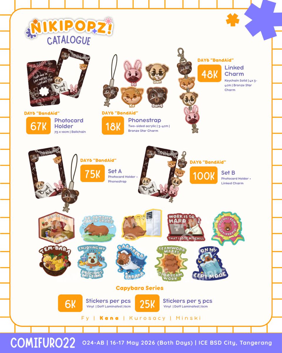 Nikipopz_'s tweet photo. 📍 O24ab (Both Days)
👤 @ailurofyle &amp; Aikana

Fandoms: Original, Heartopia, Hai Miiko, Day6, Capybara, Maimai, Bocchi the rock, Omori, Snow Miku

#Cf22 #ComifuroXXII #CF22catalogue https://t.co/YkZOleKxW5