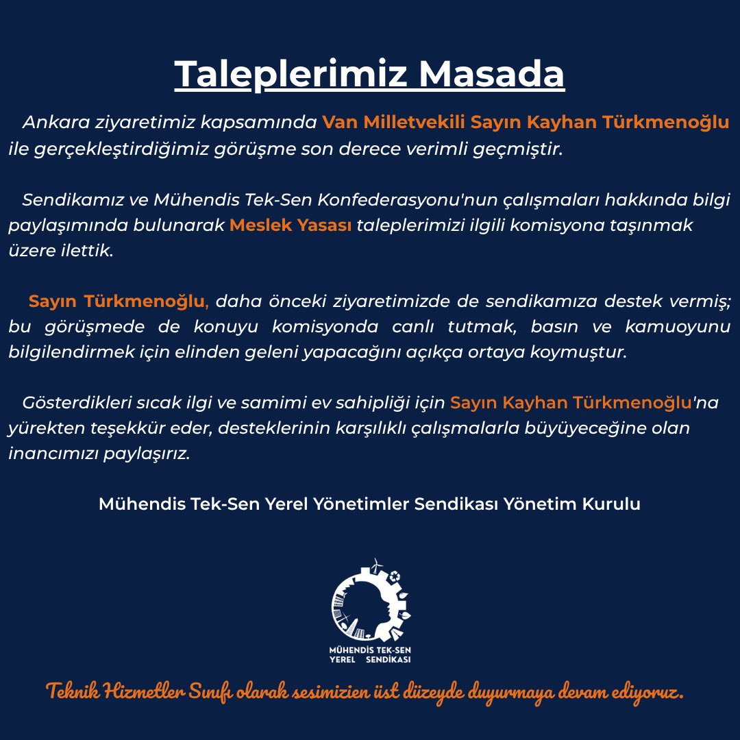 MuhTekYerelYntm's tweet photo. Mühendis Tek-Sen Yerel Sendikası olarak;
AK Parti Van milletvekili Sayın Kayahan Türkmenoğlu ile gerçekleştirdiğimiz görüşmede meslek yasası taleplerimizi bir kez daha güçlü bir şekilde dile getirdik konunun komisyonu ve canlı tutulması ve kamuoyuyla paylaşılması için desteğini aldık teknik hizmetler sınıfı olarak sesimizi kesmiyoruz taleplerimizi taşımaya devam ediyoruz
#TaleplerimizMasada
#Belediyeler
#TeknikAkılınGücü
@RTErdogan 
@Akparti 
@K_Turkmenoglu_V 
@MuhTekYerelYntm