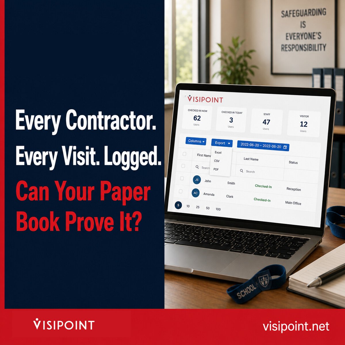 VisiPoint's tweet photo. Contractor arrives, paper book asks for a name. KCSIE expects more than that. VisiPoint captures DBS at the door. See how VisiPoint supports multi-site organisations https://t.co/gX5TCsoU7x 
 #KCSIE #SchoolSafety #VisiPoint https://t.co/SmXt6uWB1M